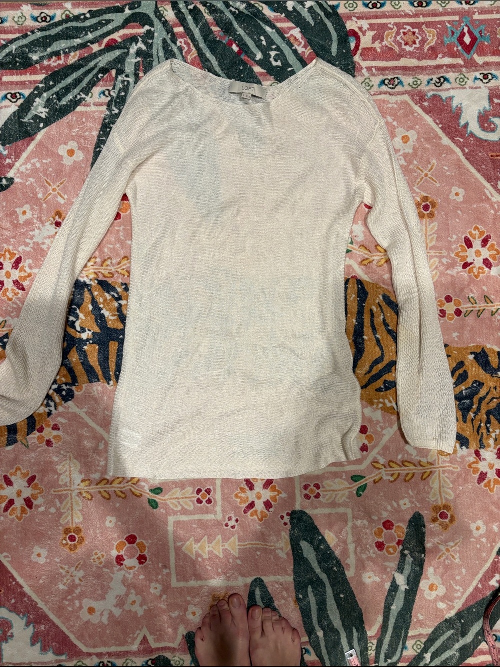 LOFT Cream Lightweight Scoop-Neck Ribbed Sweater
